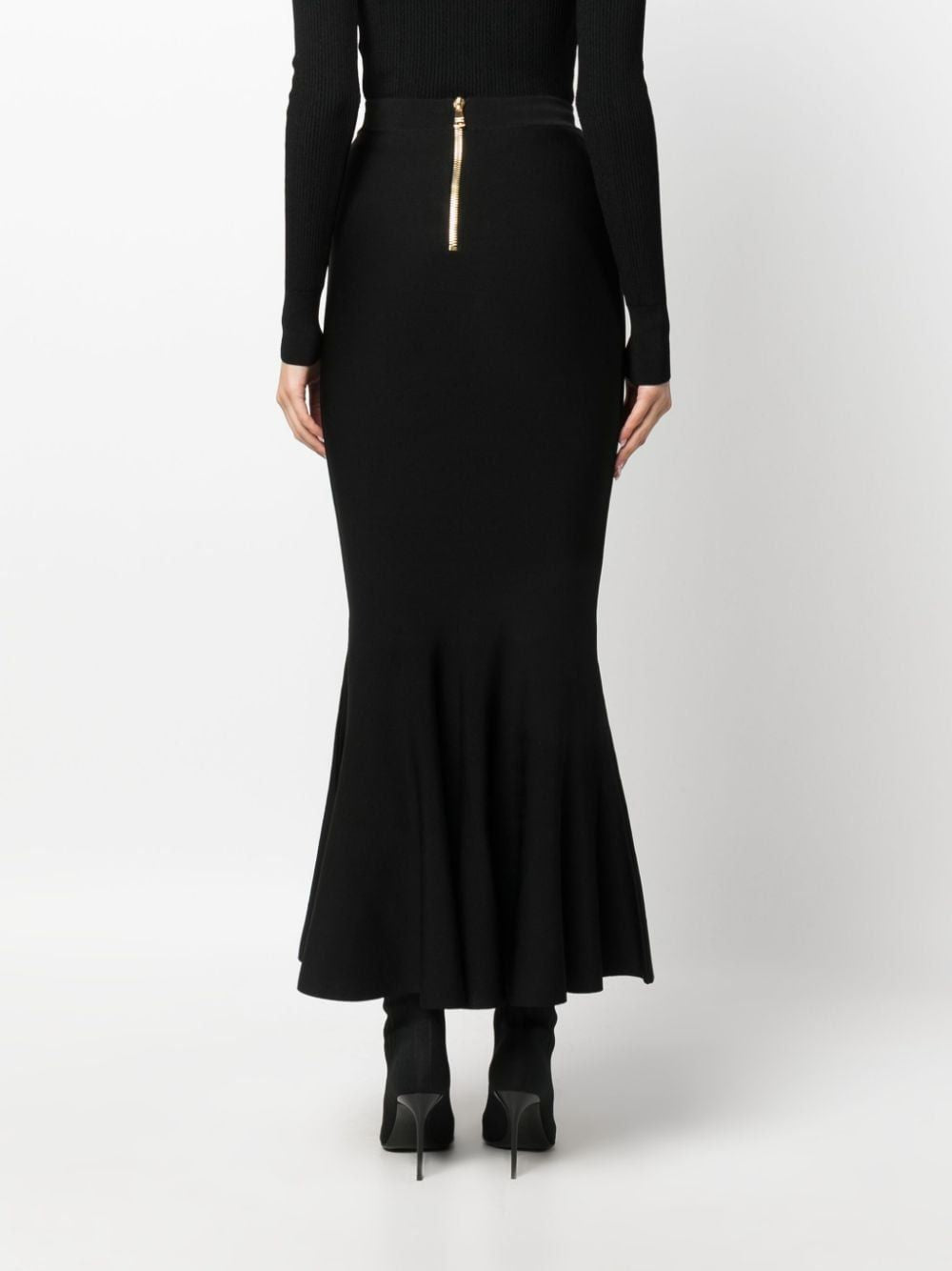 BALMAIN Black Flared Knit Midi Skirt for Women