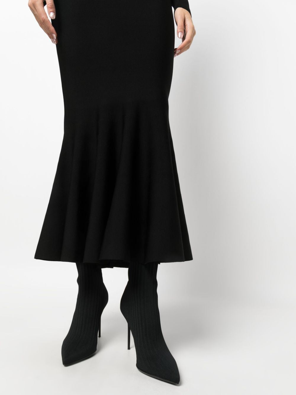 BALMAIN Black Flared Knit Midi Skirt for Women