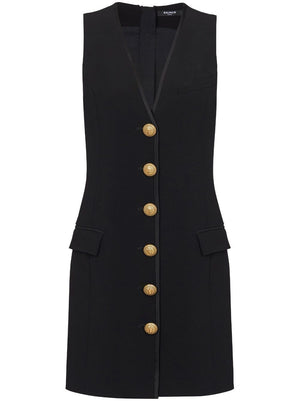 BALMAIN V-Neck Buttoned Crepe Short Dress - Season FW23