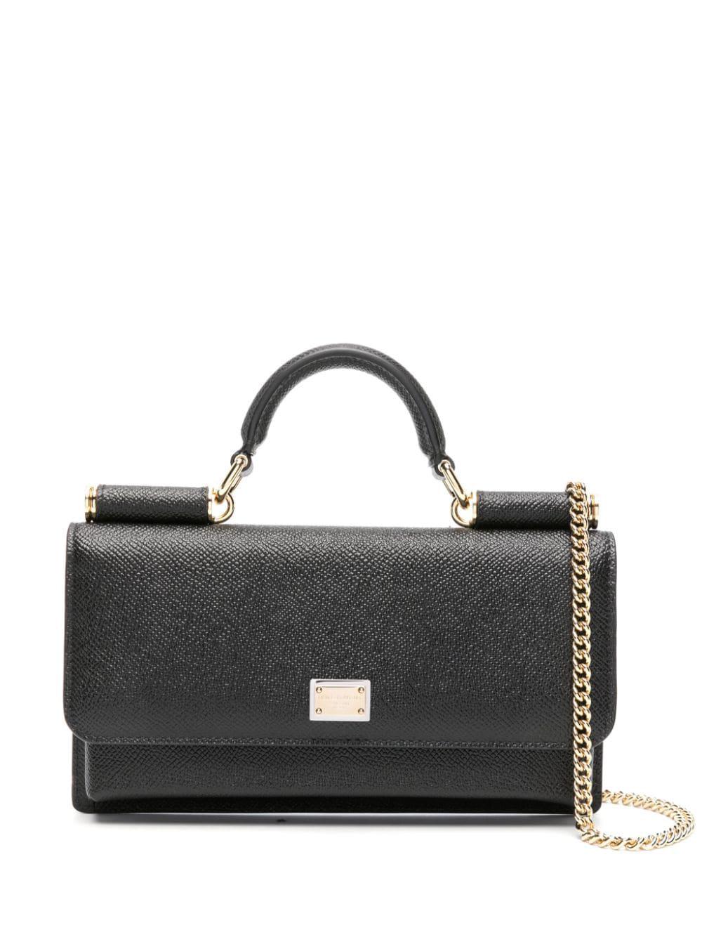 DOLCE & GABBANA Elegant Black Mini Handbag in Dauphine Calfskin with Metallic Accent, 11x20x3cm