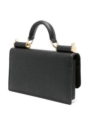 DOLCE & GABBANA Elegant Black Mini Handbag in Dauphine Calfskin with Metallic Accent, 11x20x3cm