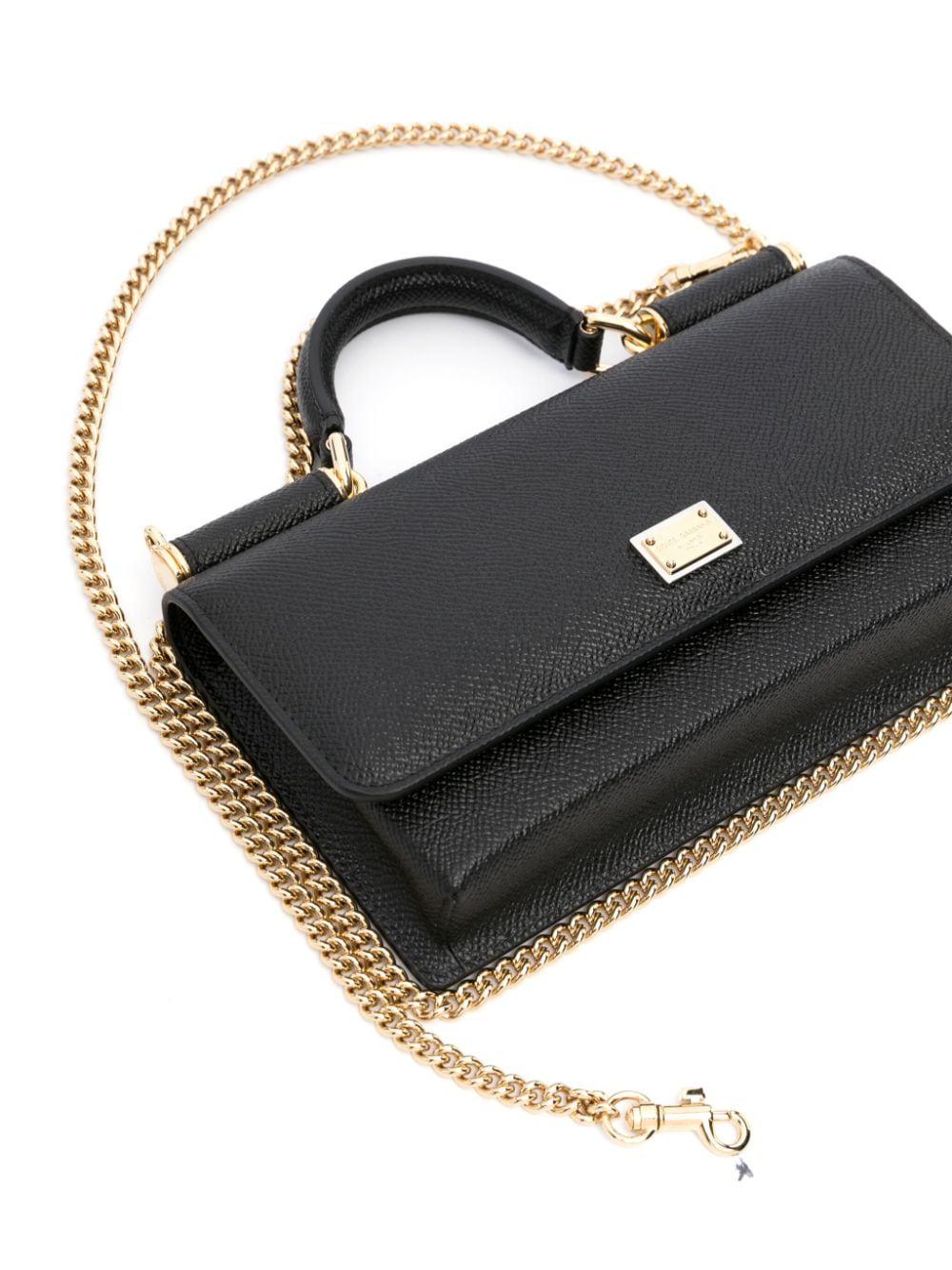 DOLCE & GABBANA Elegant Black Mini Handbag in Dauphine Calfskin with Metallic Accent, 11x20x3cm