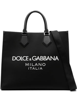 DOLCE & GABBANA Large Embossed Logo Nylon Tote Bag with Leather Accents and Shoulder Strap for Men