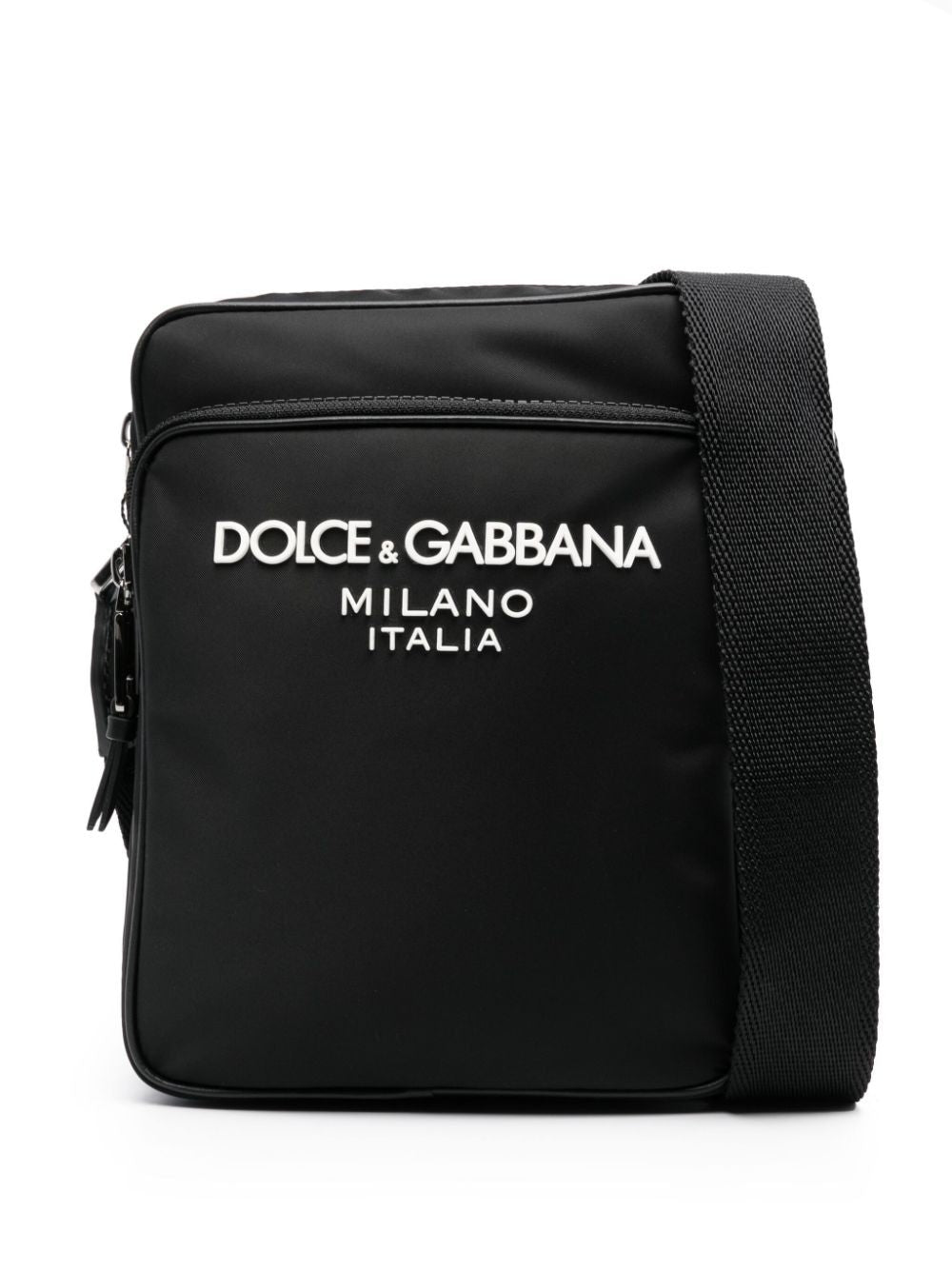 DOLCE & GABBANA Men's Black Nylon Messenger Handbag with Leather Details and Adjustable Strap for SS24