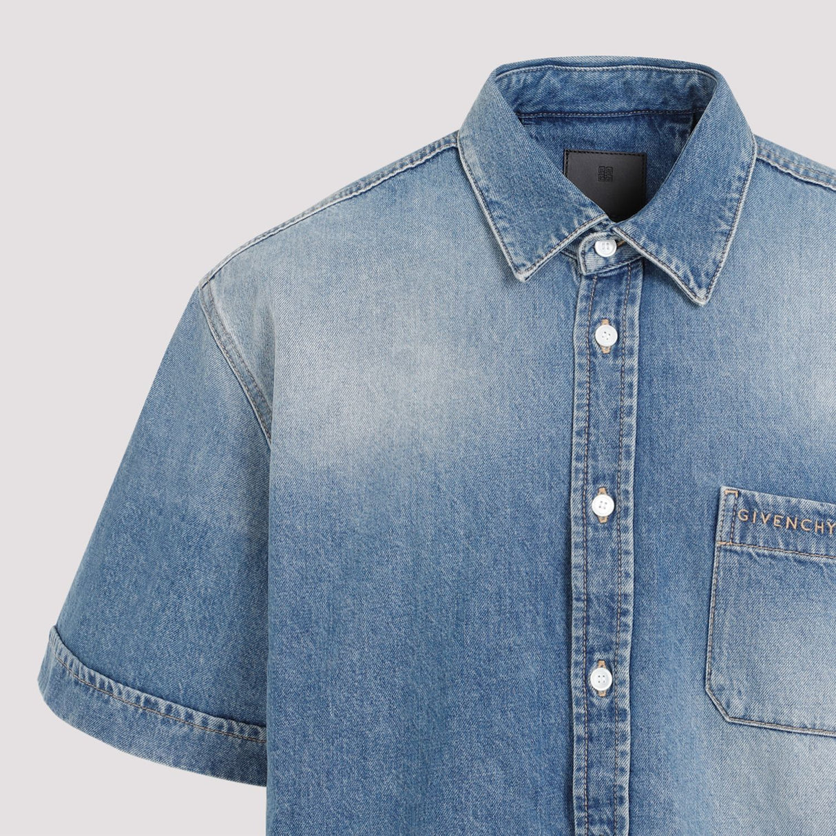 GIVENCHY Men's Blue Denim Shirt with Front Pocket and Contrasting Color Stitching