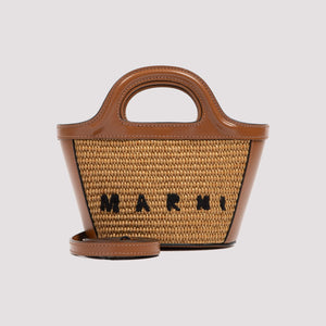 MARNI Tropical-Inspired Bucket Handbag with Raffia Panels and Leather Details