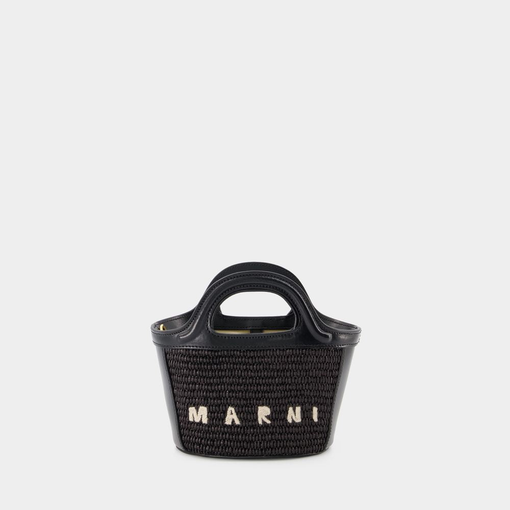 MARNI Tropical-Inspired Bucket Handbag with Raffia Panels and Leather Details