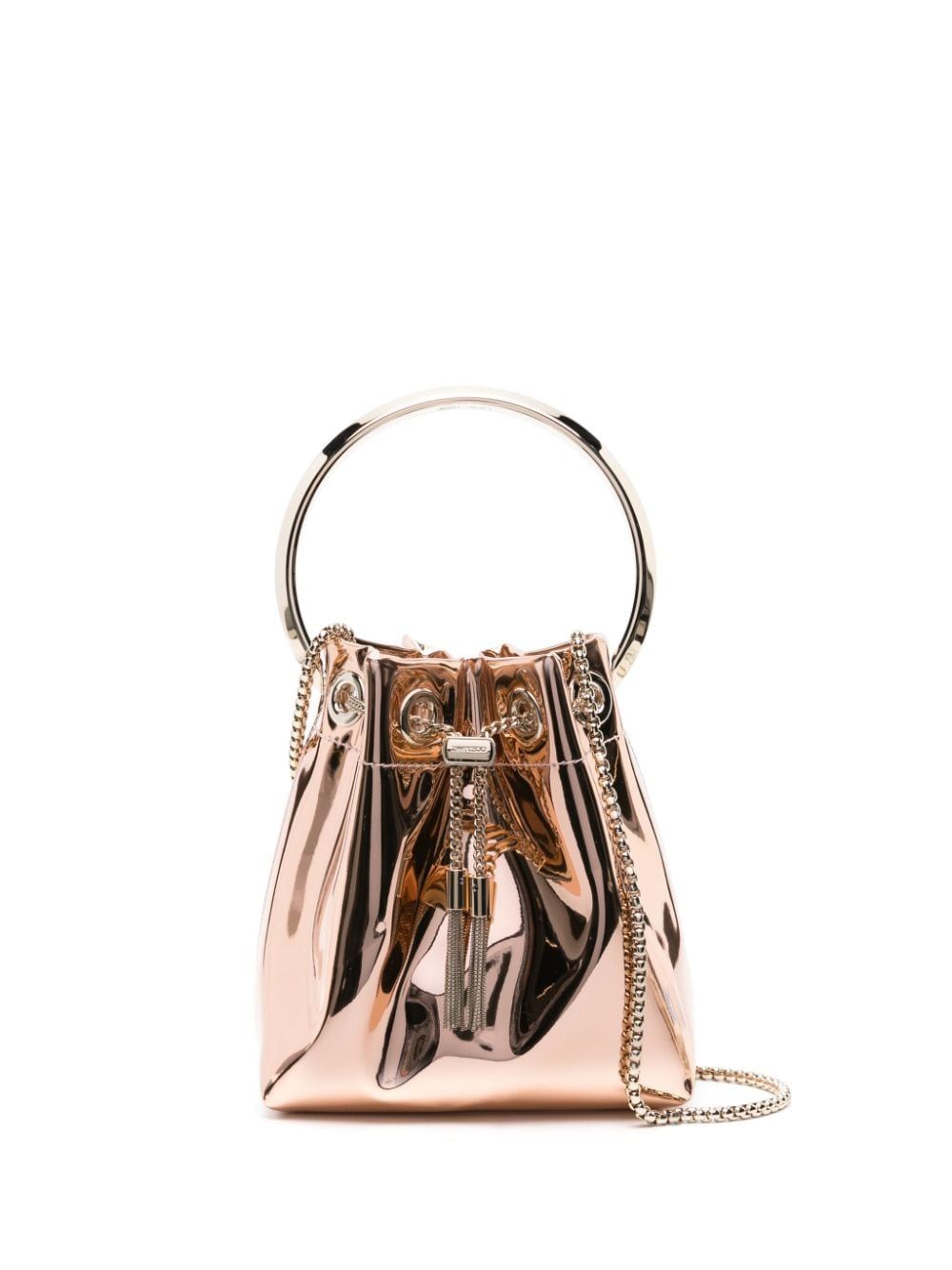 JIMMY CHOO The Bon Bon Bucket Handbag in Mirror-Effect Metallic Fabric