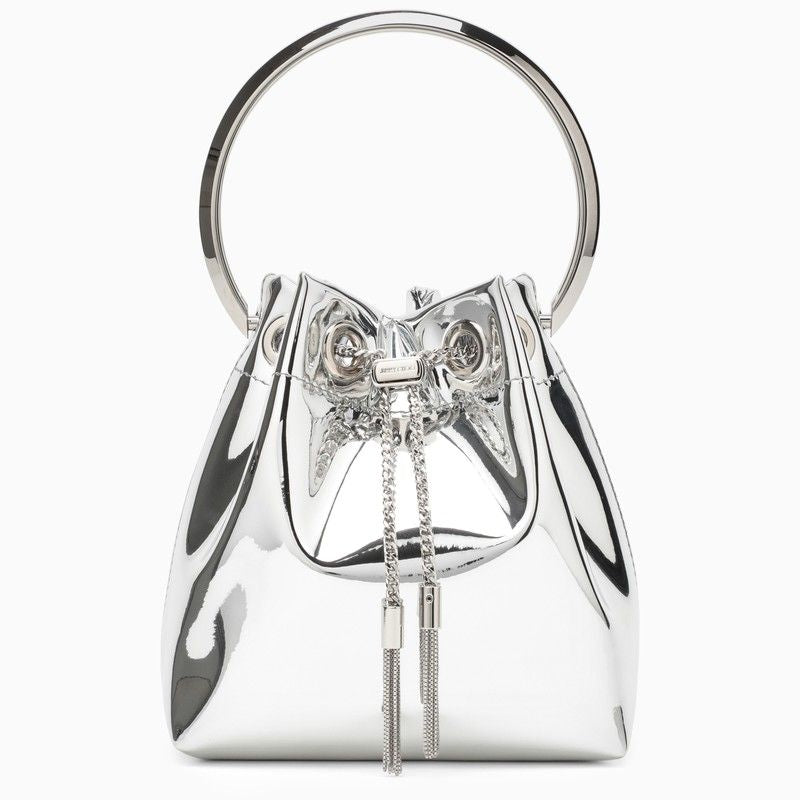 JIMMY CHOO The Bon Bon Bucket Handbag in Mirror-Effect Metallic Fabric