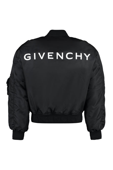 GIVENCHY Black Nylon Bomber Jacket with Logo Lettering and Multiple Pockets