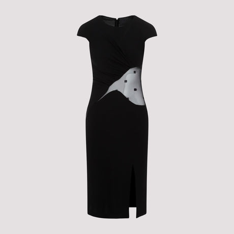 GIVENCHY Black Crepe Dress with Tulle Inserts and Front Slit Hem