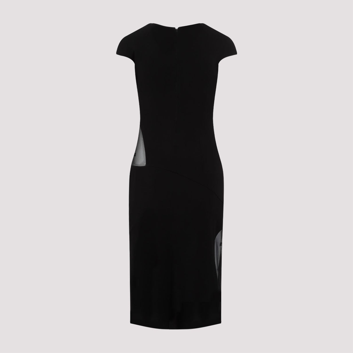 GIVENCHY Women's Black Viscose Midi Dress with Sheer Inlays, Draped Waist, and Front Slit