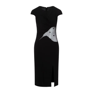 GIVENCHY Women's Black Viscose Midi Dress with Sheer Inlays, Draped Waist, and Front Slit