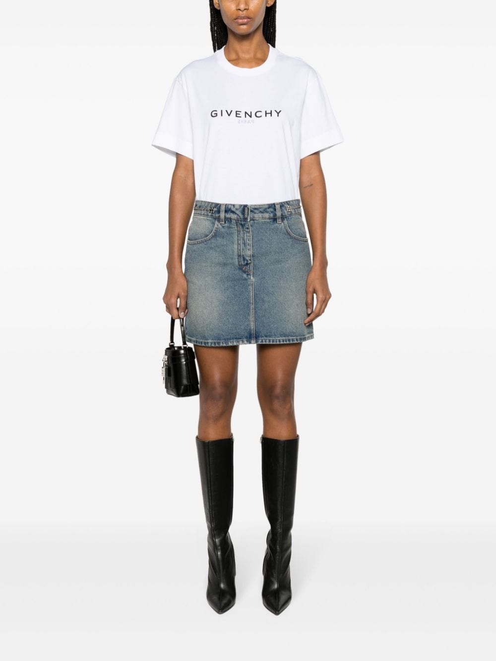 GIVENCHY Cerulean Blue Cotton Denim Mini Skirt with Chain-Link Detailing and Silver-Tone Logo Plaque