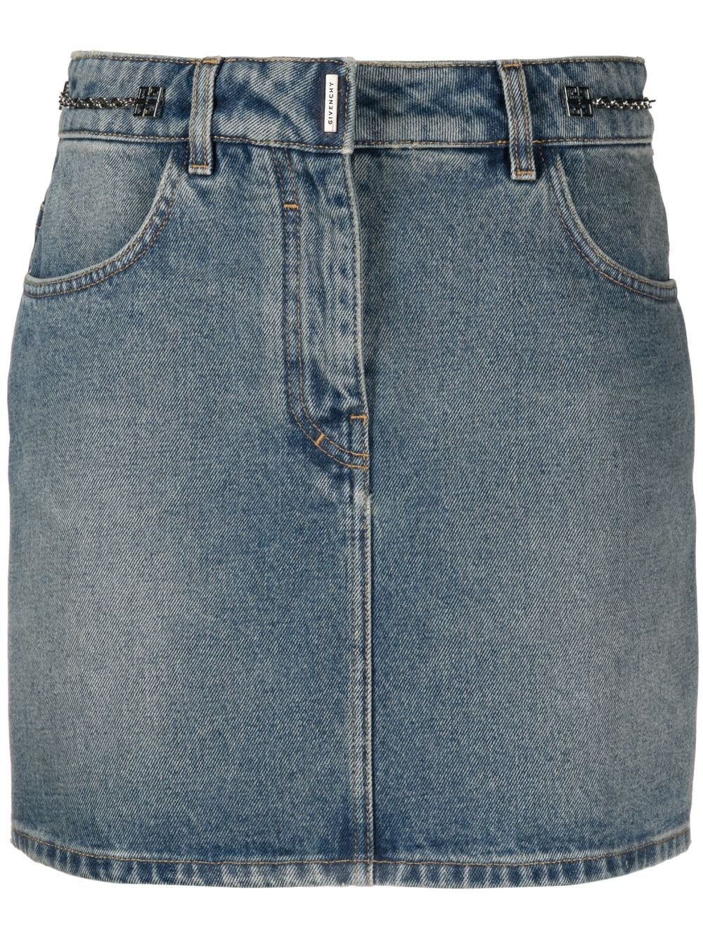 GIVENCHY Cerulean Blue Cotton Denim Mini Skirt with Chain-Link Detailing and Silver-Tone Logo Plaque