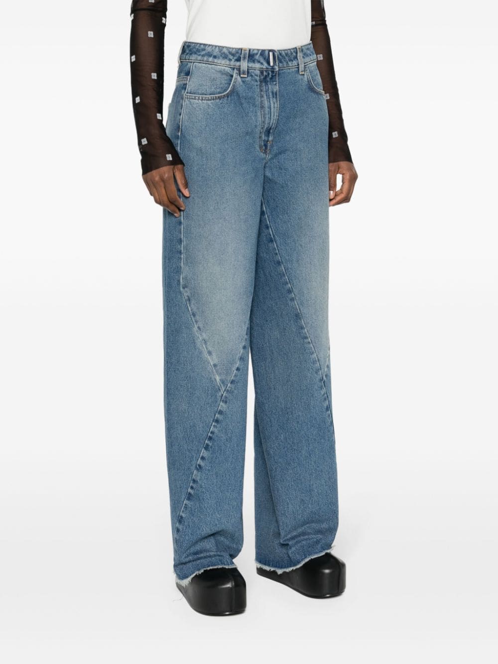 GIVENCHY Medium Blue Washed Denim Jeans with Zip and Gusset Fastening and Metal Logo Plaque