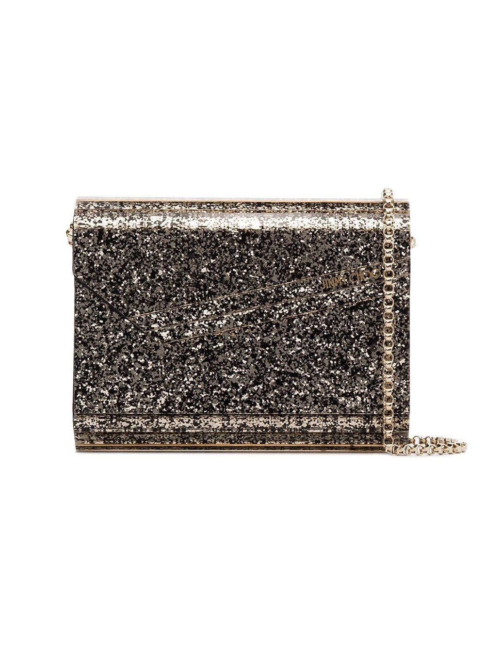 JIMMY CHOO Silver Glitter Asymmetric Flap Clutch for Women