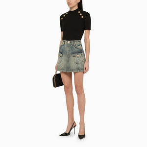 BALMAIN Flared Denim Western Skirt with Gold-Tone Details