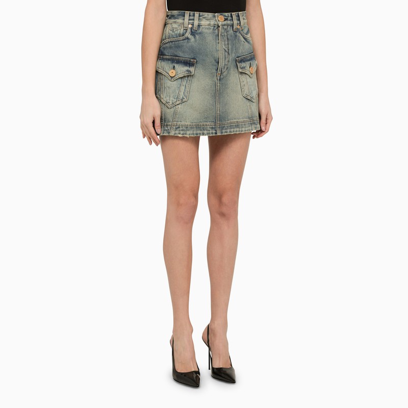 BALMAIN Flared Denim Western Skirt with Gold-Tone Details