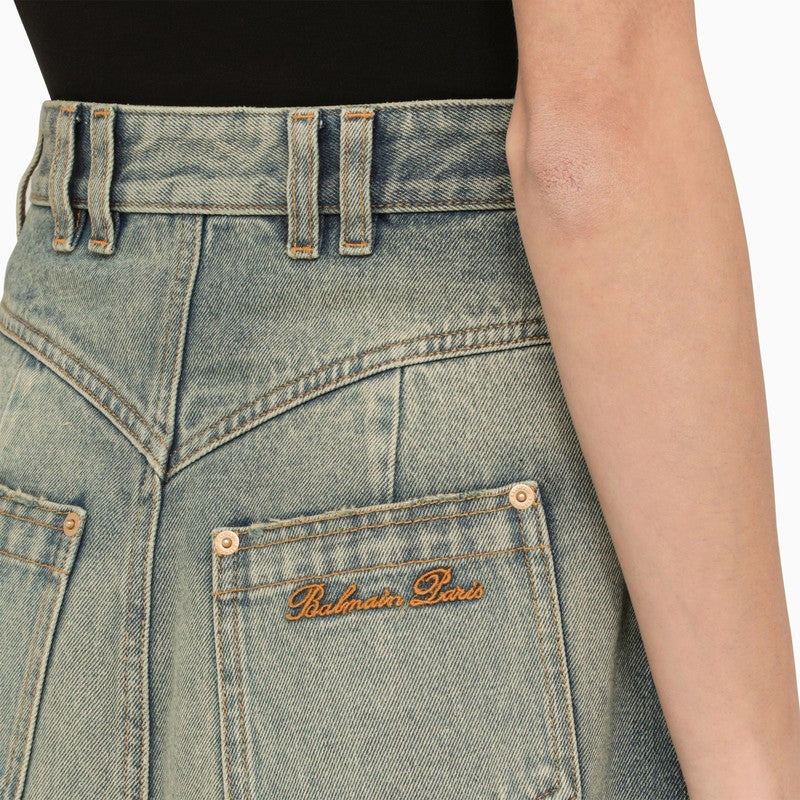 BALMAIN Flared Denim Western Skirt with Gold-Tone Details