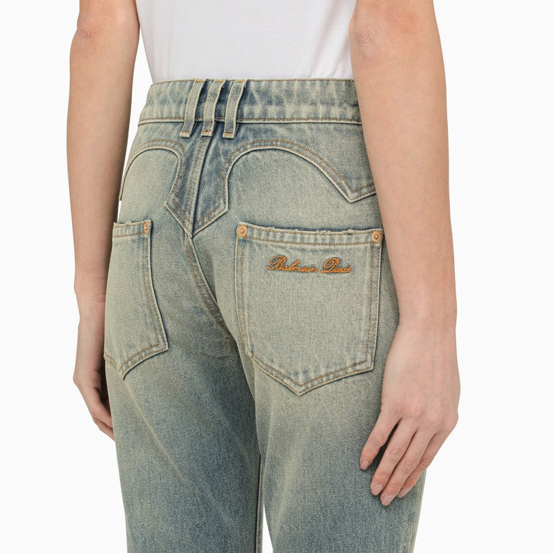 BALMAIN Blue Washed Cropped Denim Jeans - SS24 Collection