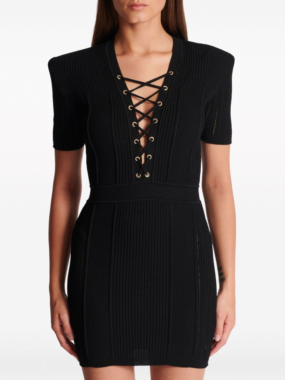 BALMAIN V-Neck Lace-Up Black Minidress for Women