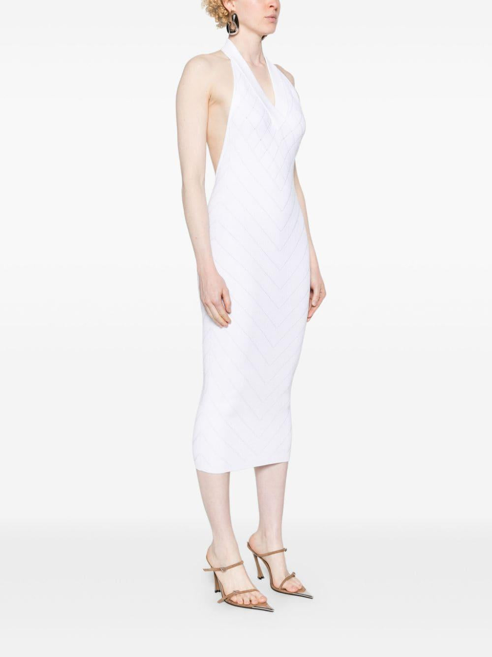 BALMAIN Elegant White Ribbed Midi Halter Dress