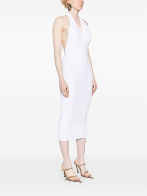 BALMAIN Elegant White Ribbed Midi Halter Dress