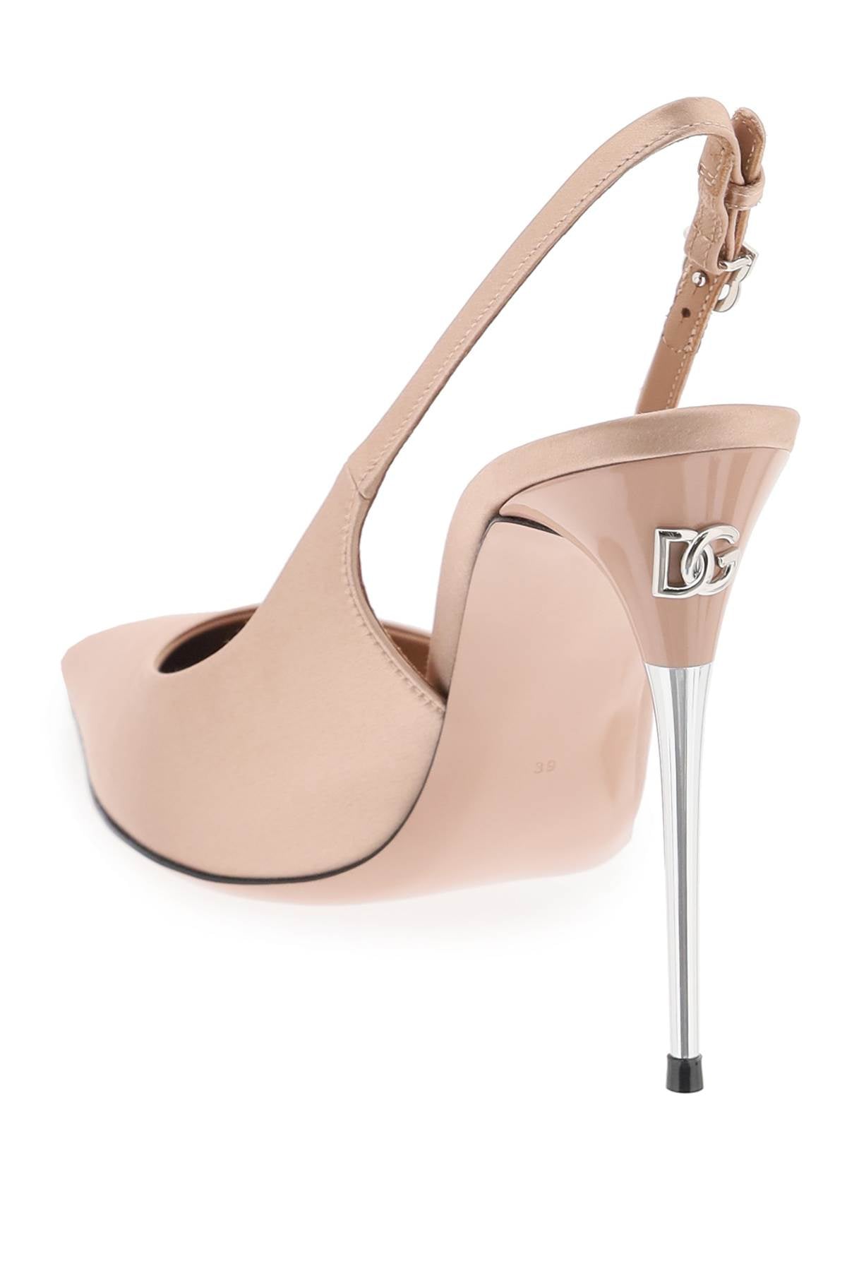 DOLCE & GABBANA Beige Satin Slingback Pumps with Metallic Effect Heel and Pointy Toe