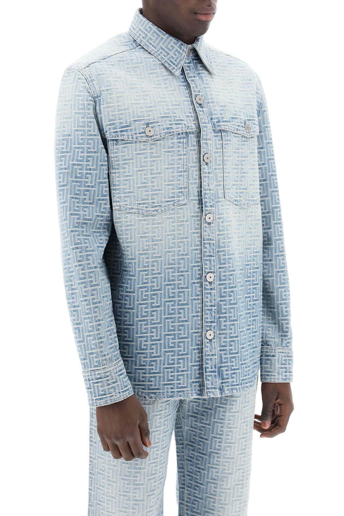 BALMAIN Vintage-Washed Overshirt with Jacquard Monogram Pattern