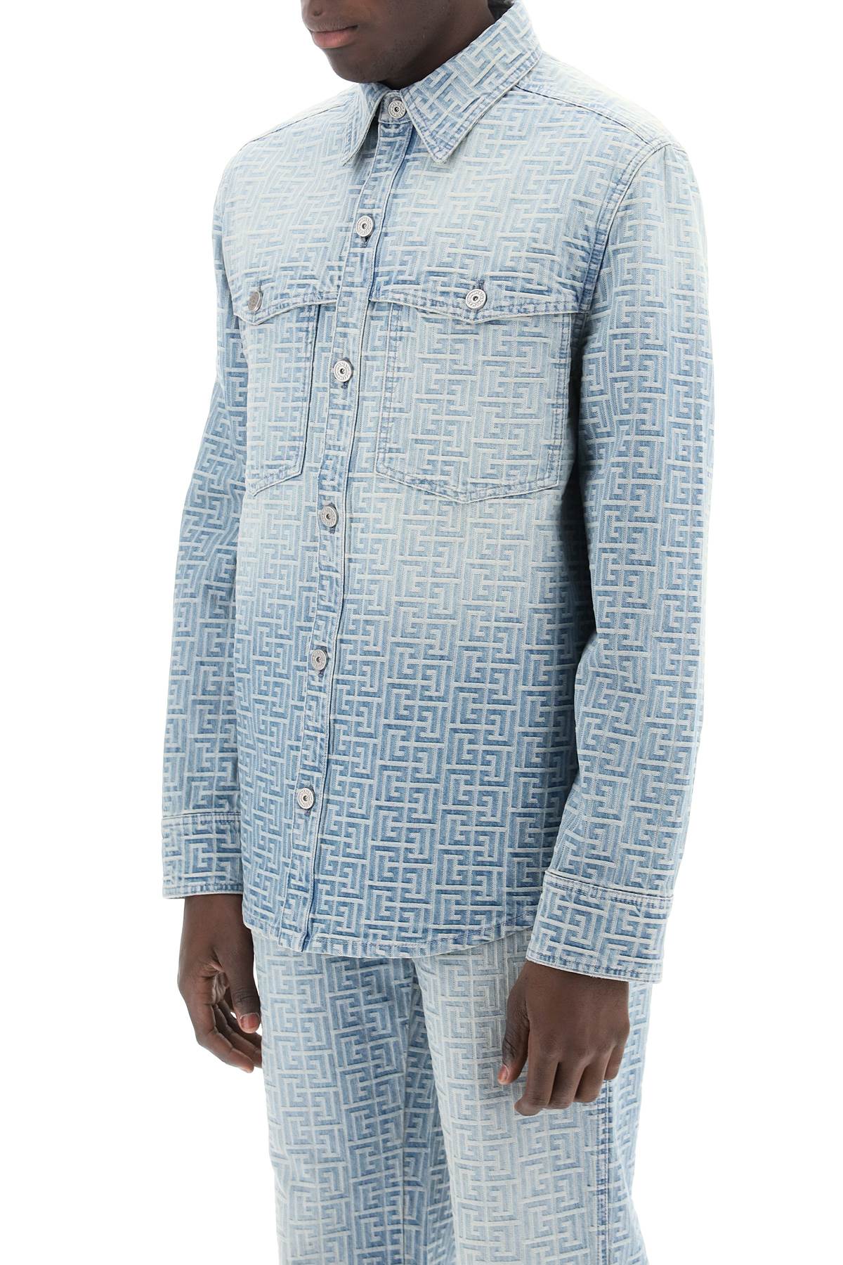 BALMAIN Vintage-Washed Overshirt with Jacquard Monogram Pattern