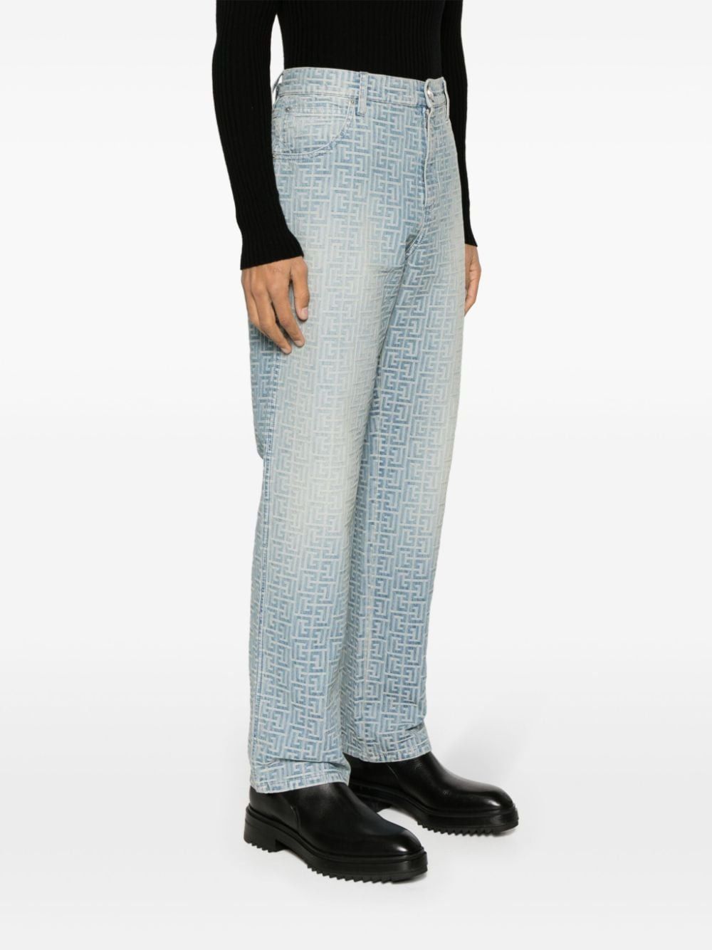 BALMAIN Light Blue Straight Cut Monogram Jeans for Men