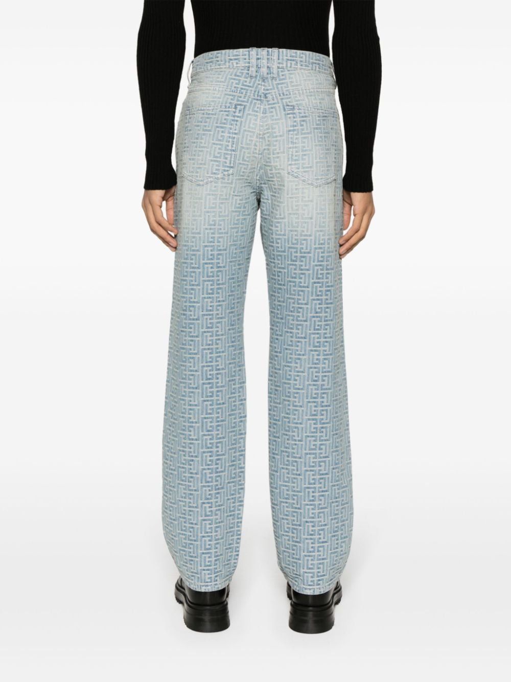 BALMAIN Light Blue Straight Cut Monogram Jeans for Men