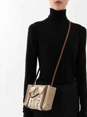 CHLOÉ Mini Woody Pink and White Crossbody Tote with Calfskin Details