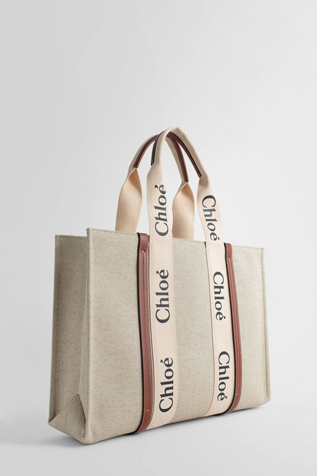 CHLOÉ Large Woody Canvas Tote in Beige with Blue Leather Accents and Logo Ribbon Detail