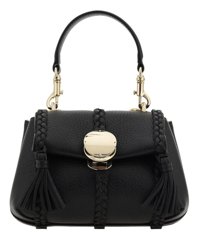 CHLOÉ Black Leather Handbag with Braided Details and Tassels