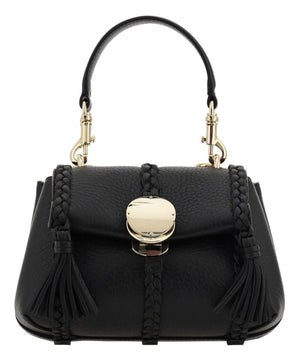 CHLOÉ Black Leather Handbag with Braided Details and Tassels