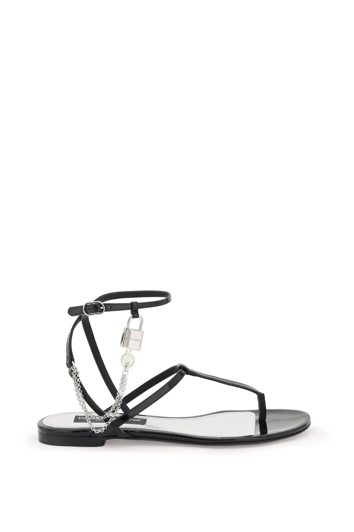 DOLCE & GABBANA Black Patent Leather Thong Sandals with Padlock for Women - SS24 Collection