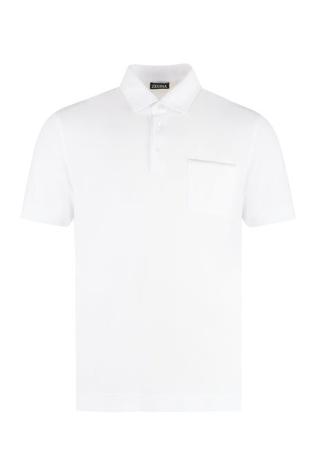 ZEGNA Men's Short Sleeve White Cotton Pique Polo Shirt with Hemline Side Slits