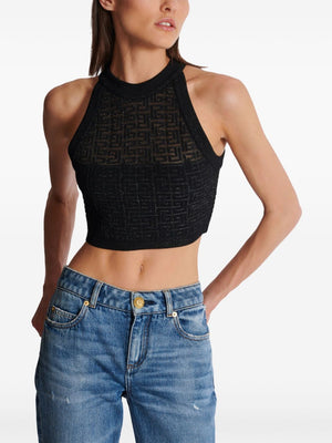 BALMAIN Monogrammed Metallic Halterneck Crop Top