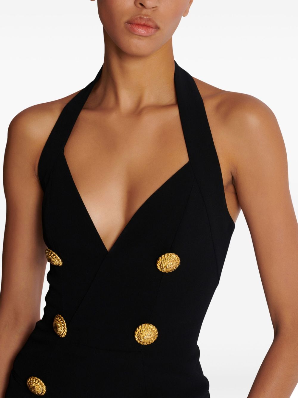 BALMAIN Elegant Halterneck Crepe Jumpsuit with Lion Motif