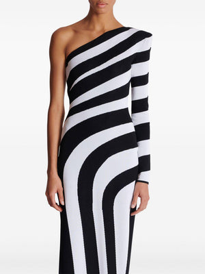 BALMAIN Elegant Striped One-Shoulder Gown