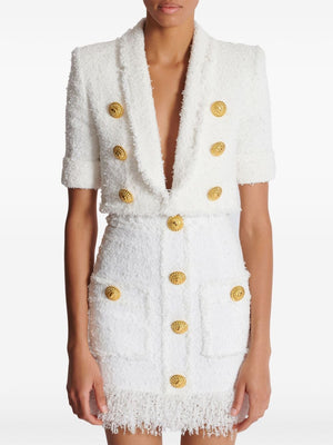 BALMAIN Elegant White Tweed Cropped Jacket with Gold-Tone Accents