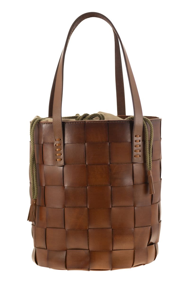 DRAGON Classic Woven Leather Round Bucket Handbag - 24x30x24 cm