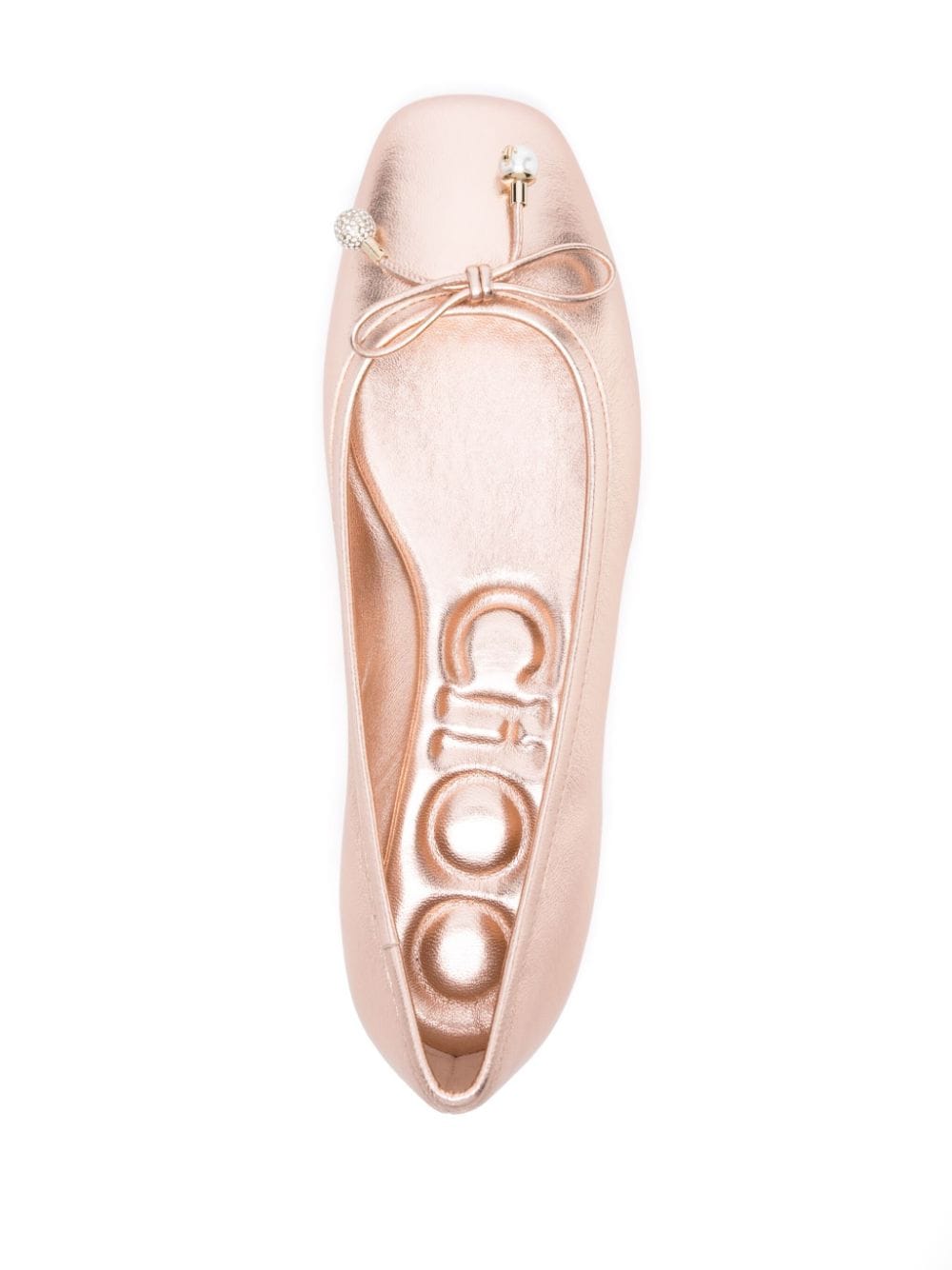 JIMMY CHOO Powder Pink Metallic Leather Ballet Flats with Bow Detailing and Square Toe