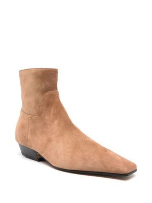 KHAITE Elegant Camel Square Toe Suede Boots