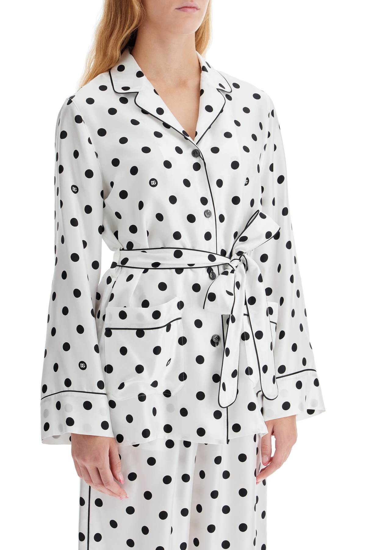 DOLCE & GABBANA Chic Polka-Dot Silk Pajama Blouse with Coordinated Waist Belt