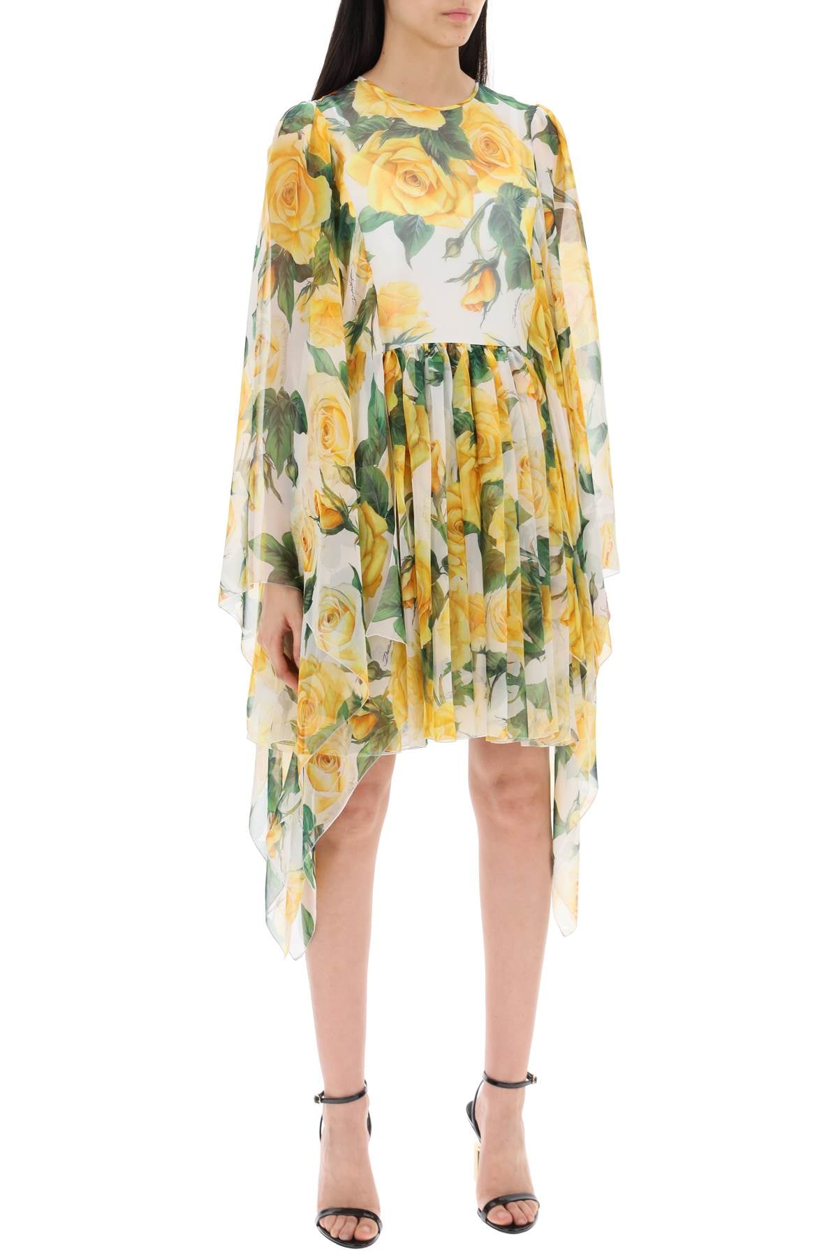 DOLCE & GABBANA Mini Silk Chiffon Dress with Yellow Rose Print