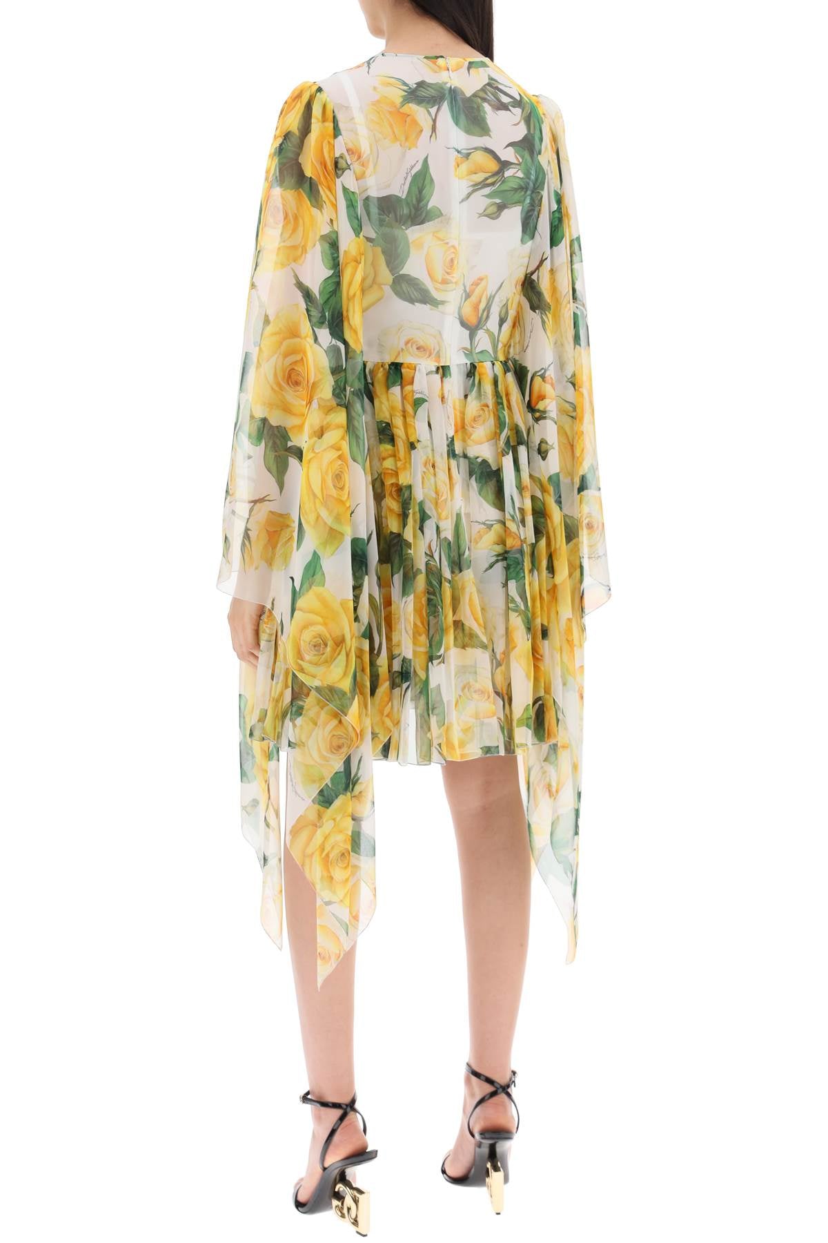 DOLCE & GABBANA Mini Silk Chiffon Dress with Yellow Rose Print