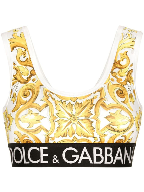 DOLCE & GABBANA Canary Yellow Majolica Print Sports Crop Top